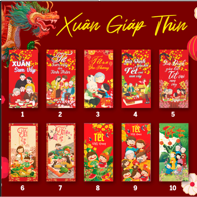 Bộ 10 Bao lì xì Tết 2024 Giáp Thìn trang trí phong đỏ truyền thống chibi đẹp độc lạ