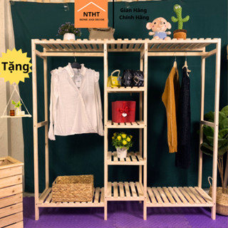 Kệ treo quần áo, tủ treo quần áo đa năng 3 khoang gỗ thông hàng xuất khẩu, KT D150 x R35 x C150
