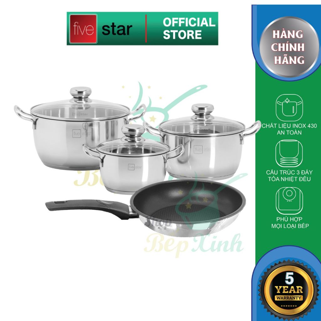 Bộ nồi inox và chảo chống dính cao cấp Fivestar 4 món 3 đáy dùng được mọi bếp , nắp kính ( tặng 1 vá canh )