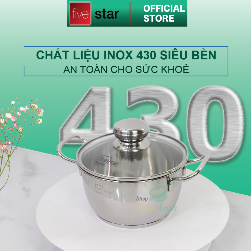 Bộ nồi inox và chảo chống dính cao cấp Fivestar 4 món 3 đáy dùng được mọi bếp , nắp kính ( tặng 1 vá canh )