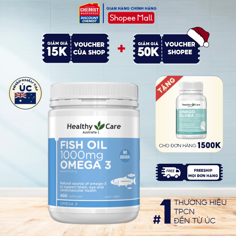 Dầu cá Omega 3 Healthy Care Fish Oil 400 viên của Úc, hỗ trợ bổ mắt, tim mạch và phát triển trí não