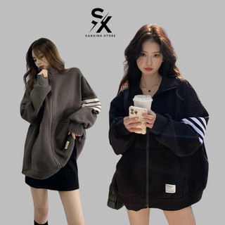 Áo hoodie zip cổ trụ 3 sọc chất nỉ bông cao cấp form nam nữ unisex chính hãng dày dặn, áo nỉ khóa kéo dày dặn form rộng