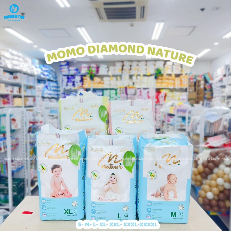 Tã/Bỉm MOMO NATURE/ MOMO DIAMOND dán/quần NB66/S64/M62/M60/L54/XL50/XXL48/XXXL46