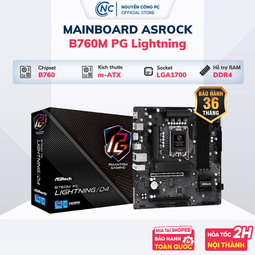 Mainboard ASROCK B760M PG Lightning cho chip Intel đời 12, 13, 14 (LGA1700 / 4xDDR4 hoặc DDR5) - BH chính hãng 3 năm
