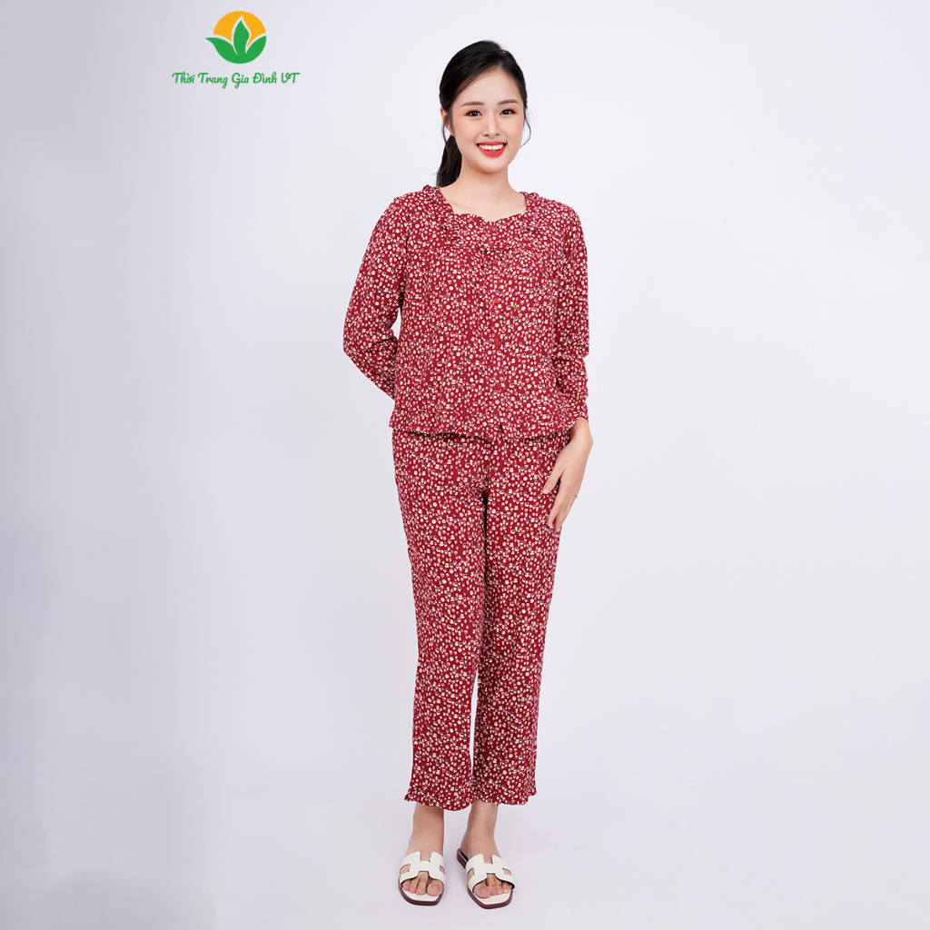 Đồ bộ mặc nhà nữ  Việt Thắng chất Cotton, quần dài, áo dài tay dáng suông chéo cổ bèo - B50.2309