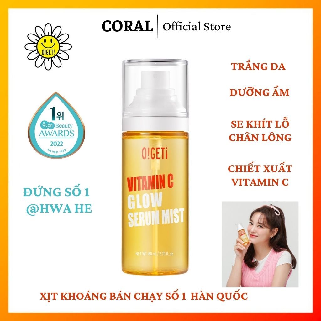 Xịt Khoáng Vitamin C Dưỡng Ẩm Trắng Da Se Khít Lỗ Chân Lông Ogeti Vitamin C Glow Serum Mist 80ml (O!GETi)