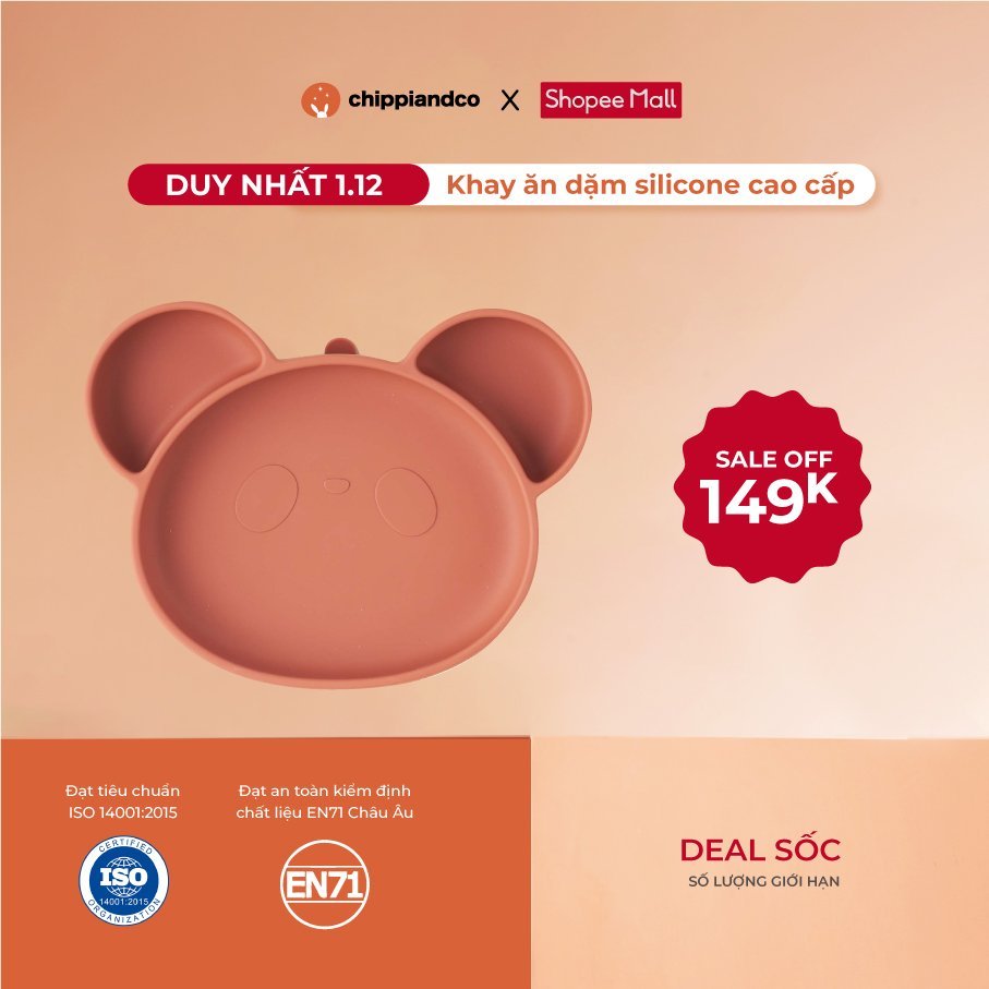 Khay ăn dặm chia ngăn silicone cao cấp CHIPPIANDCO hình gấu có đế hít chống lật
