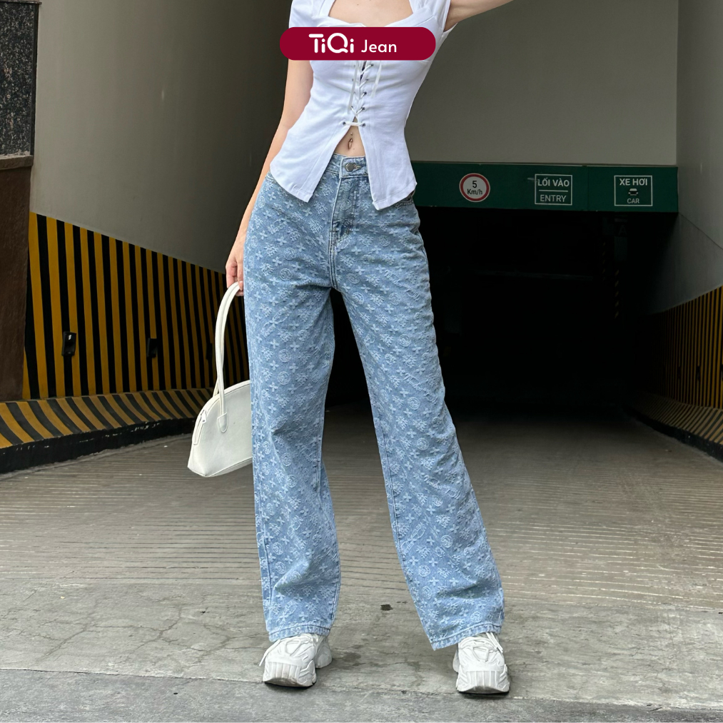 TIQI JEANS - Quần jeans nữ ống rộng họa tiết bông Trendy B2-015