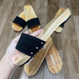 Guốc mộc truyền thống quai ngang nhung đen