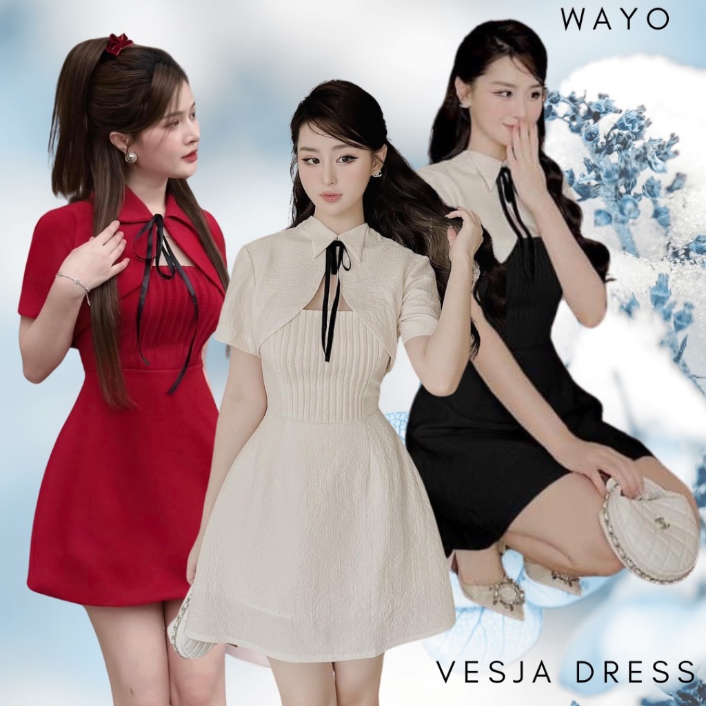 Đầm WAYO thiết kế hai dây kèm áo khoác phối nơ cao cấp sang trọng dáng ngắn