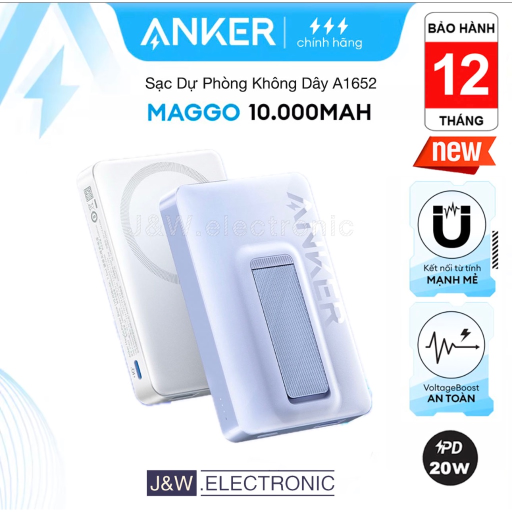 Sạc Dự Phòng Không Dây M Anker MagGo A1652 A1642 PD 20W 10000mAh,Cho 12/13/14/15 Series,Sạc K Dây 15W,Bảo Hành 12T