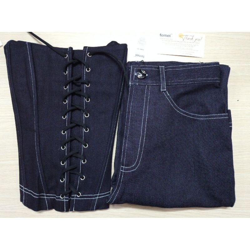 femei - Set Áo Corset phối quần Jean suông rộng