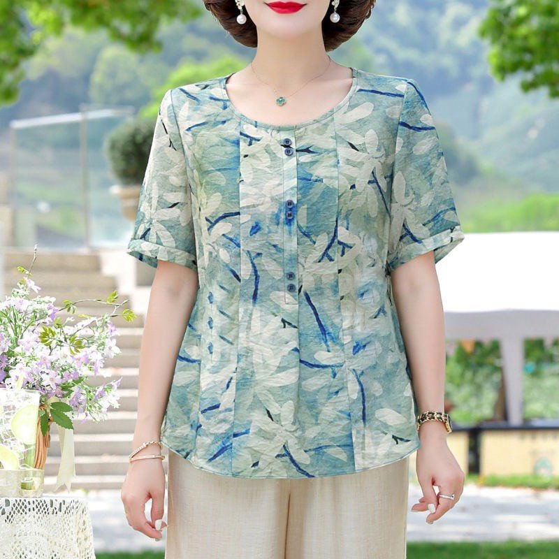 Áo Trung Niên MAI THY A338, Mẫu Sơ Mi Chất Lụa Tay Ngắn Cổ Tròn Hoạ Tiết Hoa Văn Xinh Xắn | Thời Trang Trung Niên U50