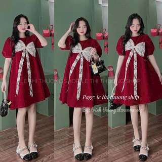 [MỚI] Đầm tiểu thư nữ babydoll chất nhung phối nơ ren, đầm xòe nữ tay phồng cổ tròn dáng xòe ngắn đi tiệc cute dể thương