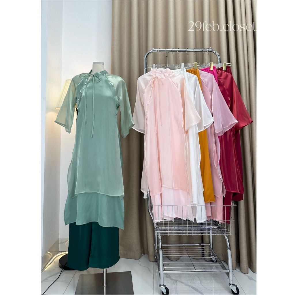 Set Áo Dài Cách Tân BÍCH ĐÀO 29feb.closet Tơ Óng 4 Tà Nơ Cổ Cách Điệu Kèm Quần Lụa Phối Màu Xinh Xắn - S145