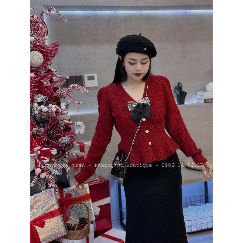 ÁO LEN ĐỎ TUYẾT SỊN KÈM TAG NƠ ĐÁ