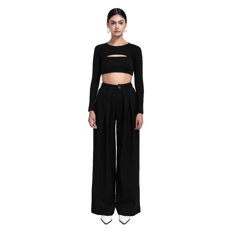 Quần tây nữ ống rộng suông dài tôn dáng - Best Seller là min - DOUBLE PLEATED WIDE TROUSERS - BLACK / WHITE