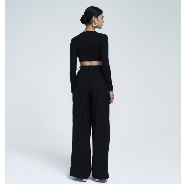 Quần tây nữ ống rộng suông dài tôn dáng - Best Seller là min - DOUBLE PLEATED WIDE TROUSERS - BLACK / WHITE