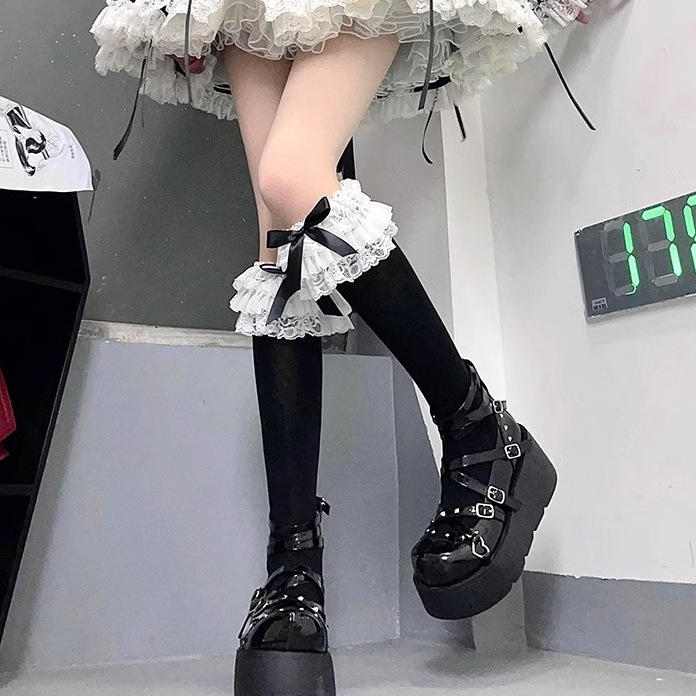 Tất Vải Lụa Dài Phối Nơ Ren Đen Trắng Xếp Li Phong Cách Lolita Nhật Bản tat11