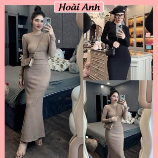 Set bộ đồ nữ áo tăm trơn croptop dài tay ôm body mix chân váy dáng dài freesize