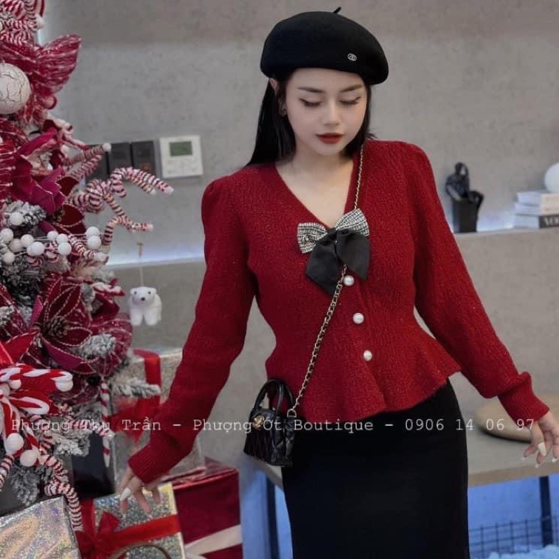 ÁO LEN ĐỎ TUYẾT SỊN KÈM TAG NƠ ĐÁ