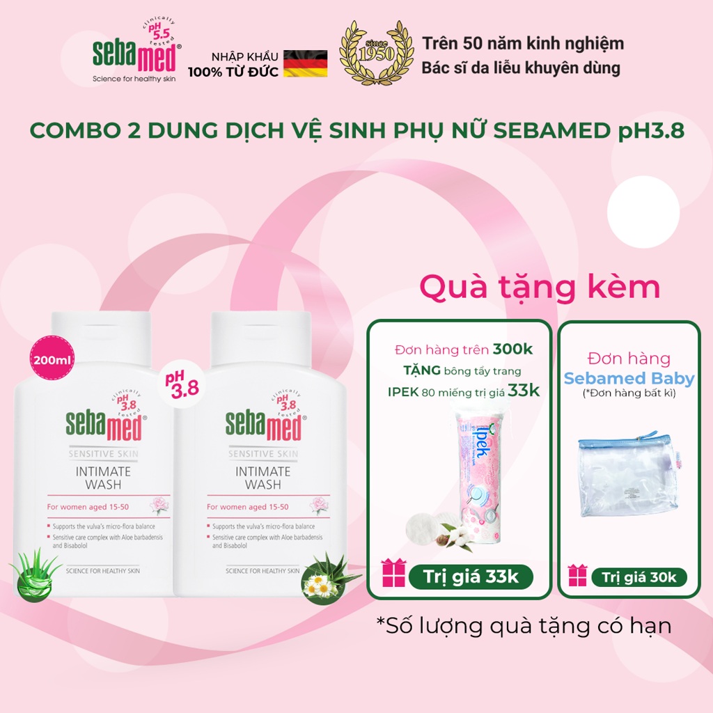 Combo 2 chai Dung dịch vệ sinh phụ nữ chuẩn cân bằng pH vùng kín Feminine Intimate Wash Sebamed pH3.8 200ml/chai