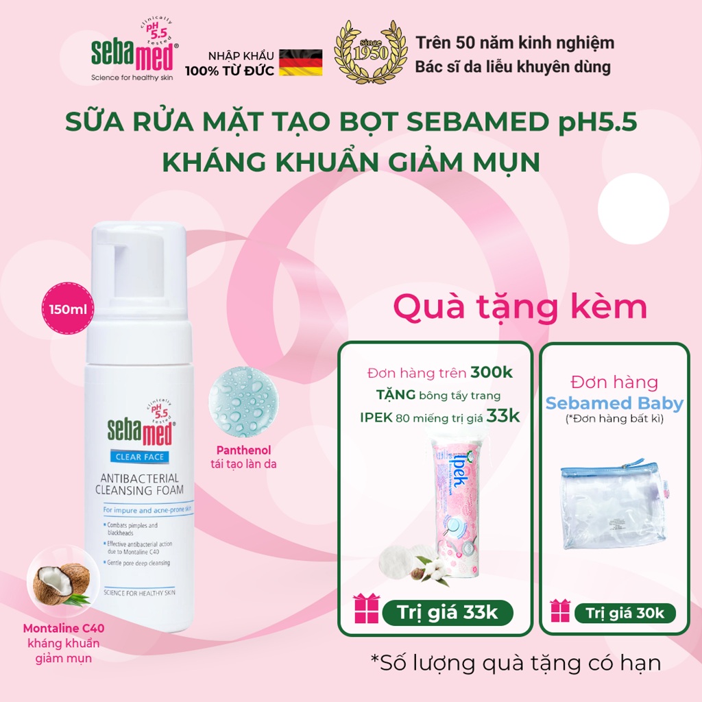 Sữa rửa mặt tạo bọt kháng khuẩn giảm mụn Sebamed Antibacterial Cleansing Foam pH5.5 (150ml)