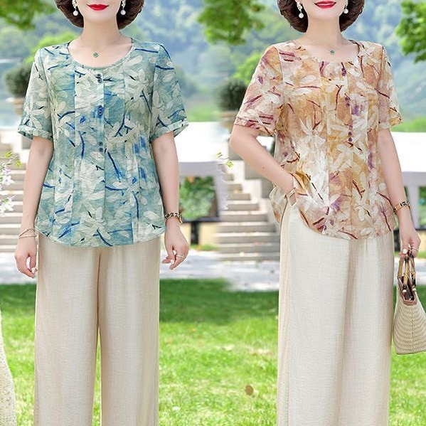 Áo Trung Niên MAI THY A338, Mẫu Sơ Mi Chất Lụa Tay Ngắn Cổ Tròn Hoạ Tiết Hoa Văn Xinh Xắn | Thời Trang Trung Niên U50