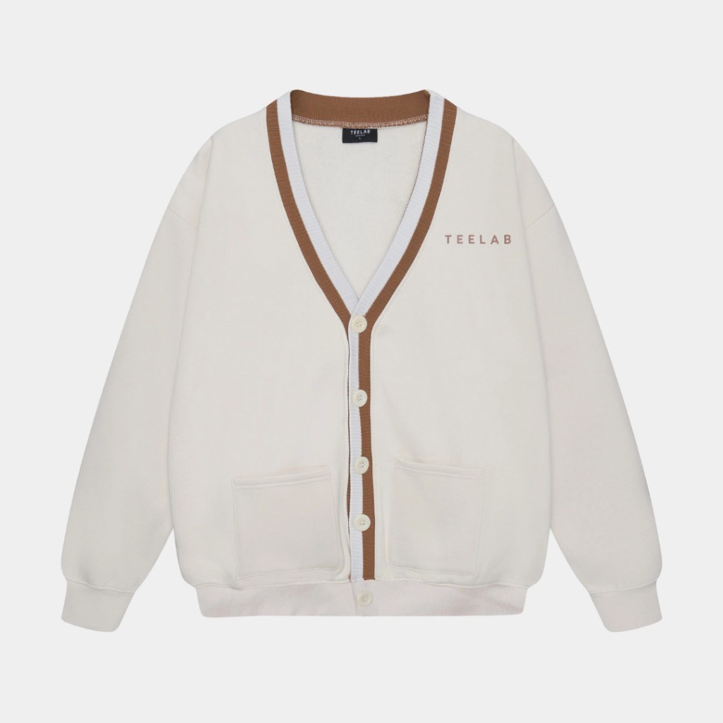 Áo Khoác Len Teelab Form Rộng, Áo Cardigan Nam Nữ Unisex Họa Tiết Basic Màu Be