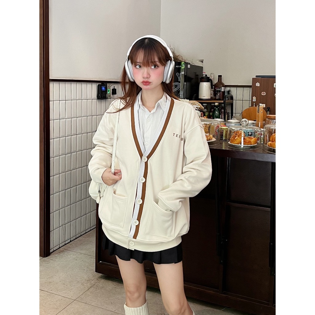 Áo Khoác Len Teelab Form Rộng, Áo Cardigan Nam Nữ Unisex Họa Tiết Basic Màu Be