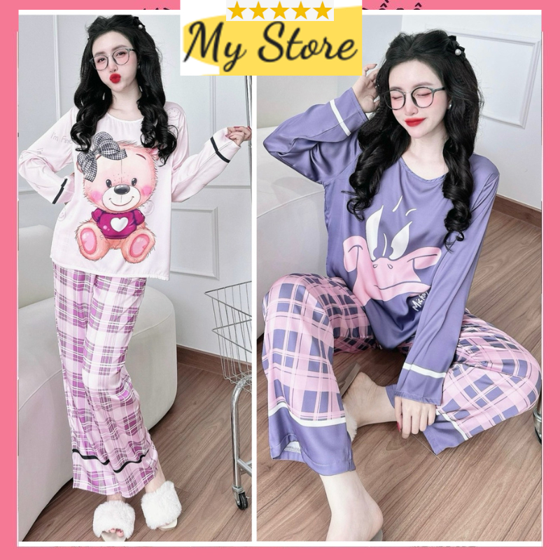 Đồ bộ pyjama nữ dễ thương, đồ mặc nhà dài tay lụa latin 3D loại 1 hàng thiết kế mềm mát freesize dưới 65kg