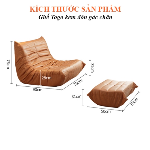 Ghế Lười, Ghế Thư Giãn Togo Phong Cách Bắc Âu Da PU Decor Phòng Khách, Phòng Ngủ , Cafe Tặng Gối Hoa