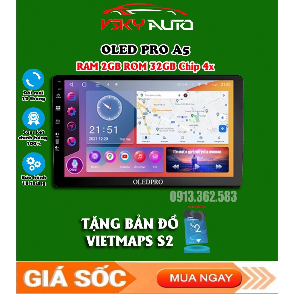 Màn Hình DVD Android Ô Tô OLEDPRO A5 lắp sim 4G, 5G RAM2 ROM32G CHIP 8X thu phát wifi, lướt web tốc độ cao, Chính Hãng