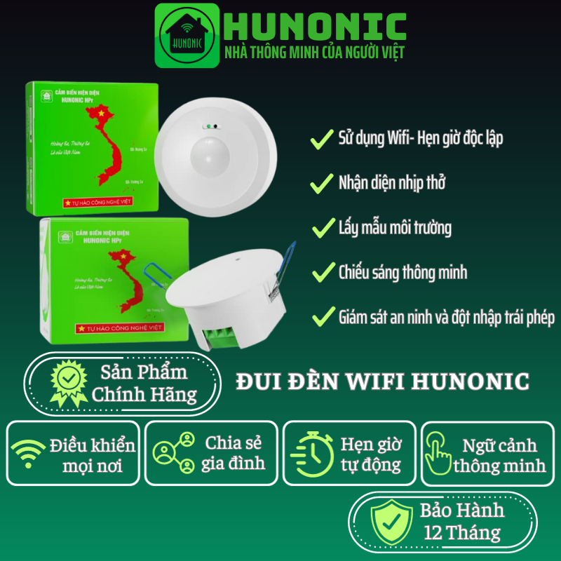 Cảm Biến Hiện Diện Ốp Trần, Âm Trần Hunonic HPR, Phát Hiện Chính Xác Con Người, Người Còn Thở Là Đèn Còn Sáng, BH 1 Năm