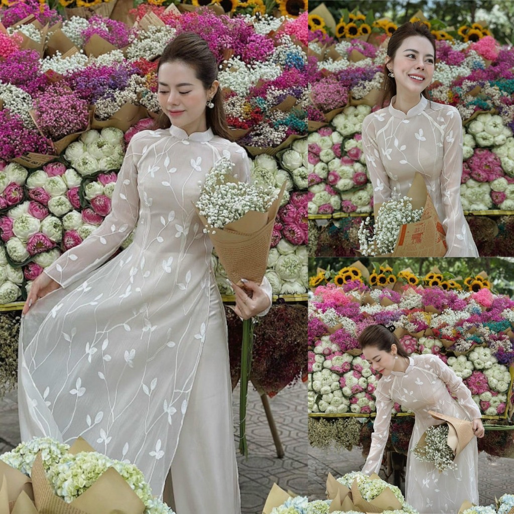 Áo dài cách tân thêu hoa kèm quần lụa trắng Áo dài cách tân 4 tà dự tiệc lễ Tết Bigsize Kim Ngân từ 50kg đến100kg Đồ Tết