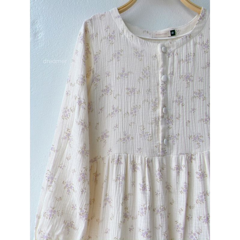 Váy đầm dài tay bồng xoè 3 tầng muslin hoạ tiết hoa nhí