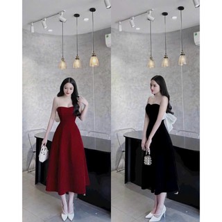 Đầm váy thời trang nữ đi chơi chất NHUNG cứng,thiết kế hai dây cúp ngực,NƠ LƯNG, dáng dài 2 màu sang trọng dành cho nàng