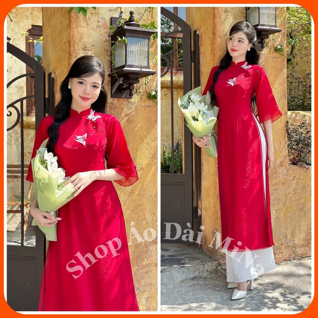 Áo Dài Cách Tân Tay Cánh Tiên 4 Tà Vải Tơ Óng Họa Tiết Bướm Hàng May Sẵn AD20