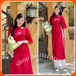 Áo Dài Cách Tân Tay Cánh Tiên 4 Tà Vải Tơ Óng Họa Tiết Bướm Hàng May Sẵn AD20