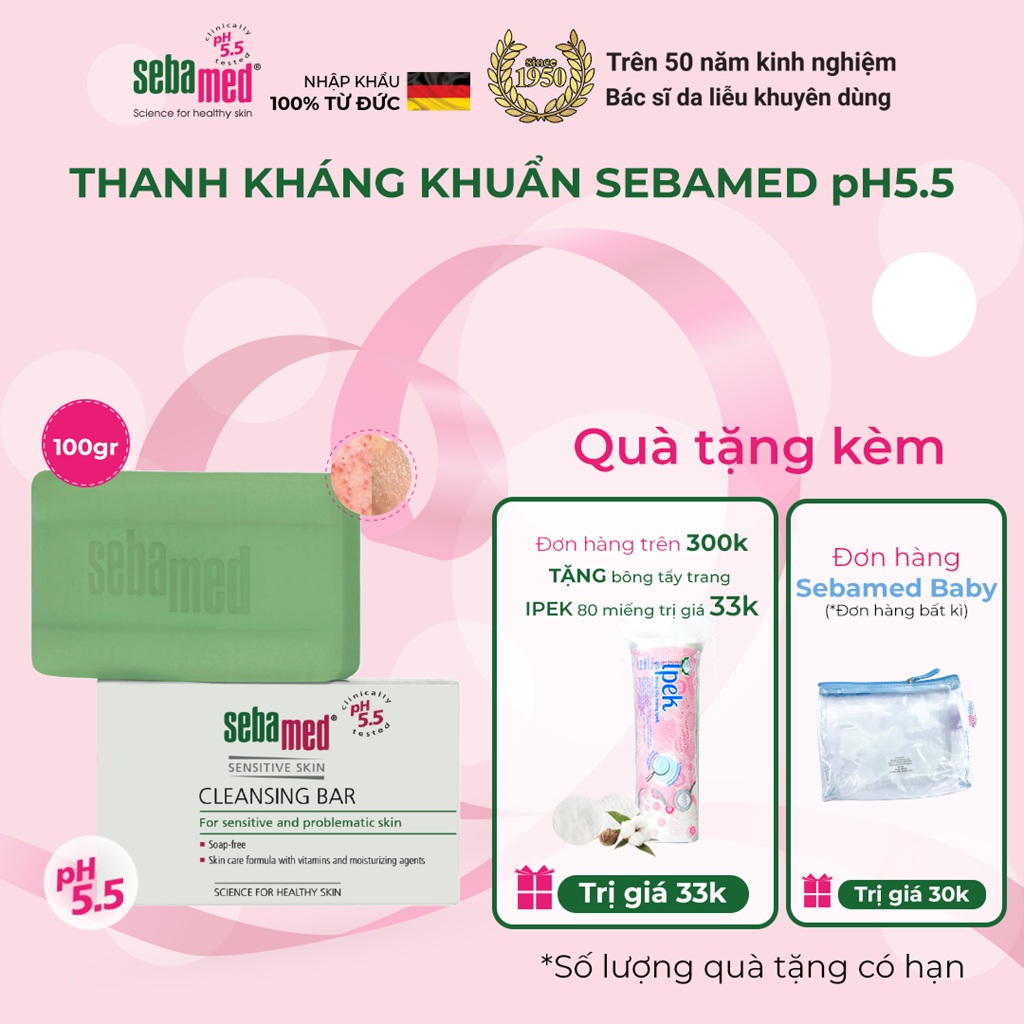 Thanh làm sạch kháng khuẩn Sebamed Cleansing Bar pH5.5 (50g và 100g)