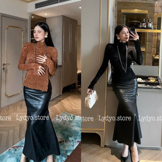 Set váy đầm da, áo ren nhung dài tay, chân váy đuôi cá da, chân váy bút chì da cao cấp dáng dài phối áo ren cổ lọ 3 phân