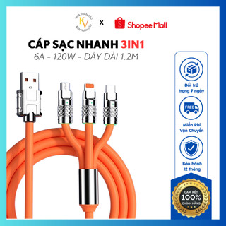 Cáp sạc nhanh 3 trong 1 cổng sạc USB chất liệu bằng Silicon và hợp kim chống đứt, chống rối