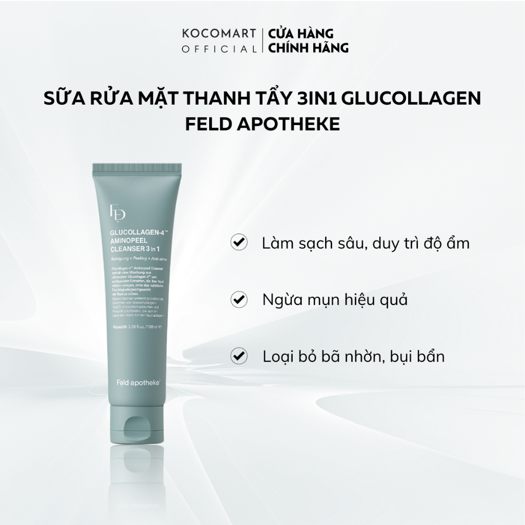Sữa sửa mặt thanh tẩy 3IN1 Glucollagen-4 Aminopeel Cleanser 3IN1 tẩy tế bào chết, làm sạch bã .nhờn, bụi bẩn và cấp ẩm