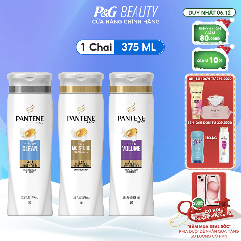 Dầu Gội & Xả 2in1 Pantene Mỹ nhiều mùi hương 375ml/355ml