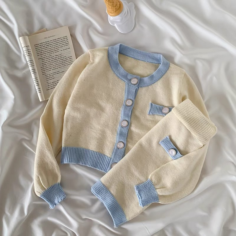 Set Áo Váy Dệt Kim Viền Xanh Đính Nút Xinh Xắn