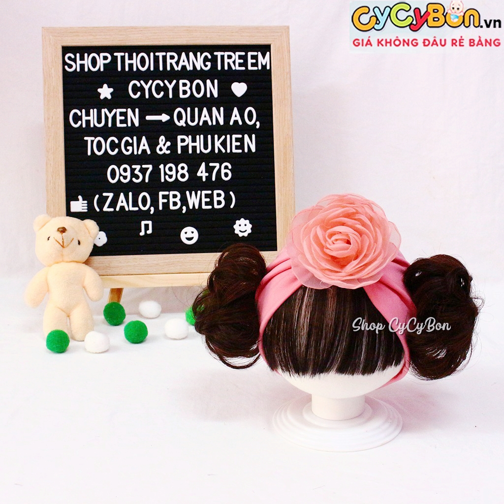 Mũ / Nón Turban Tóc Giả Cho Bé Gái Hồng Ruốc Bông Ruốc Kèm Tóc Mái Ngang Và Búi 2 Bên