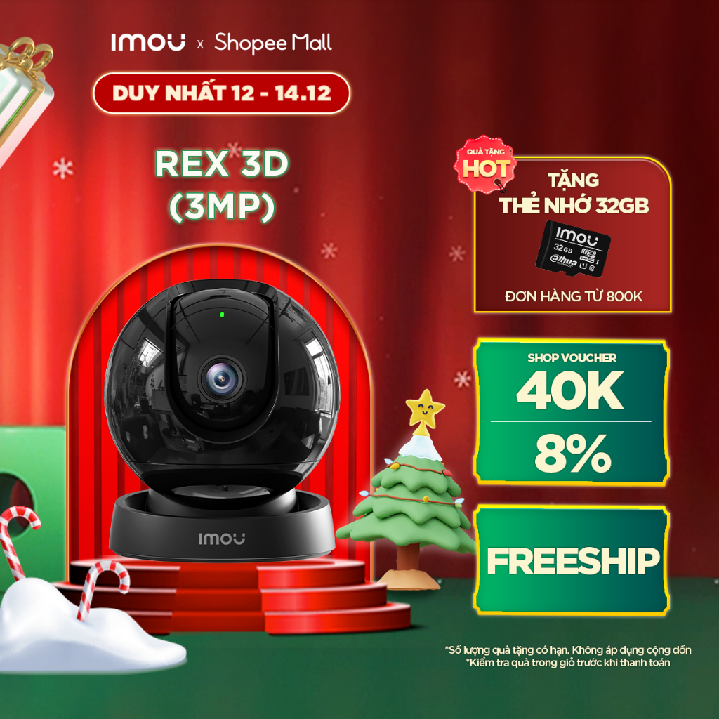 [Mã ELCL12 giảm 9% đơn 300K] Camera Wifi Imou Rex 3D (3MP) I IPC-GS2DP-3K0W I Tích hợp AI phát hiện người và vật nuôi