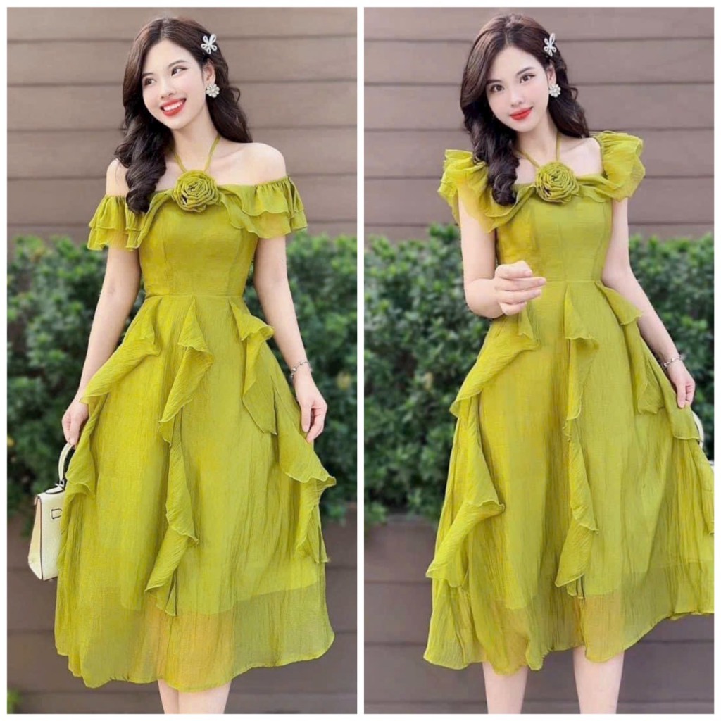 Váy đầm nữ dáng xòe chạy bèo kết bông mặc được hai kiểu cực xinh xắn