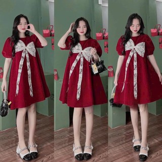Váy đầm nữ dáng xòe babydoll tay bồng đính nơ ren trước ngực với 2 tông màu dễ thương phù hợp các dịp lễ tết