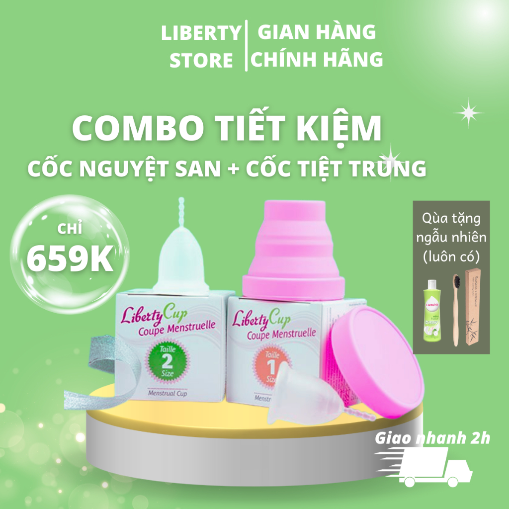 Combo Cốc nguyệt san Liberty Cup và cốc tiệt trùng Liberty, hàng Nhập khẩu chính hãng, độ mềm lý tưởng, dễ sử dụng